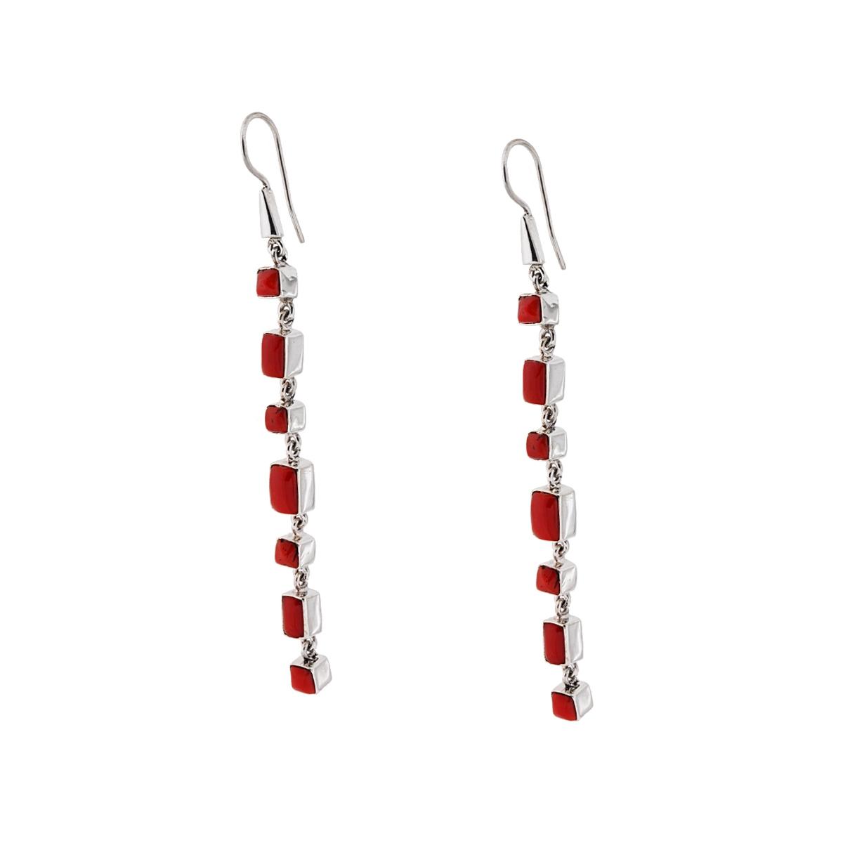 Orecchini Etnici Lunghi con Pietre Corallo Rettangolari in ARGENTO 925