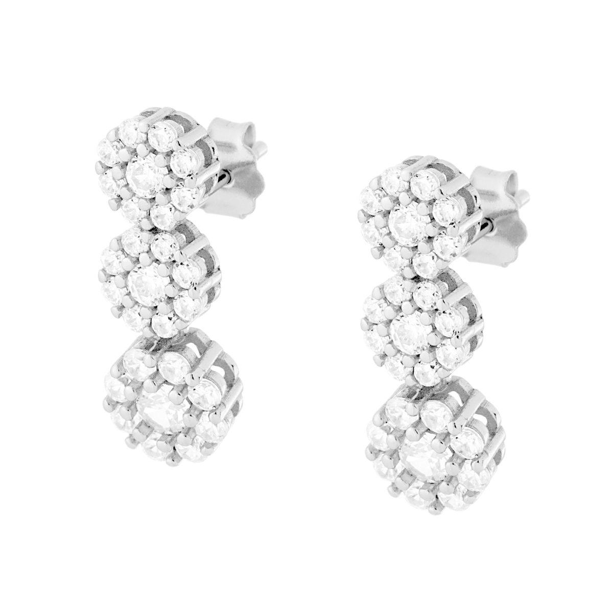 Orecchini tre Tondi contornati con Cubic Zirconia Bianchi in ARGENTO 925 Galvanica Rodio