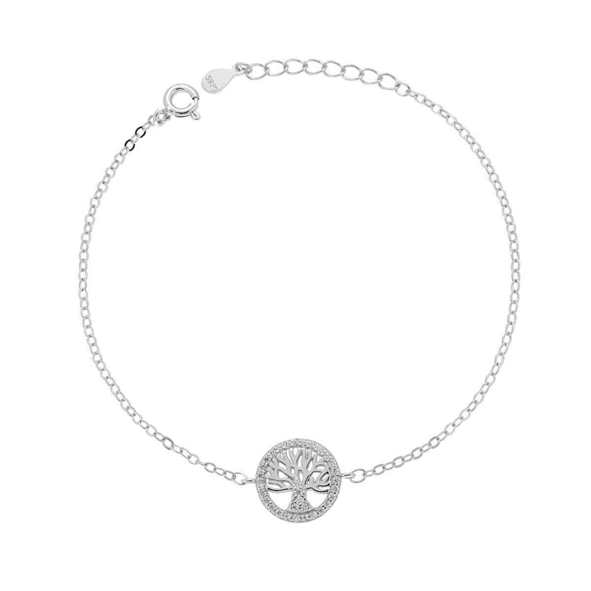 Bracciale Catena Forzatina Diamantata con Albero della Vita e Cubic Zirconia Bianchi in ARGENTO 925 Galvanica Rodio
