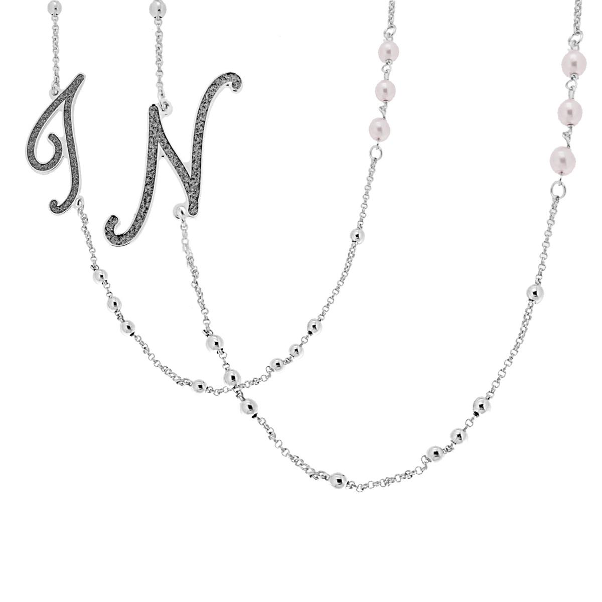 Collana Catena Rolo con Palline e Perle Bianche con Lettera Iniziale Nome Glitter Grigio ACCIAIO e BRONZO