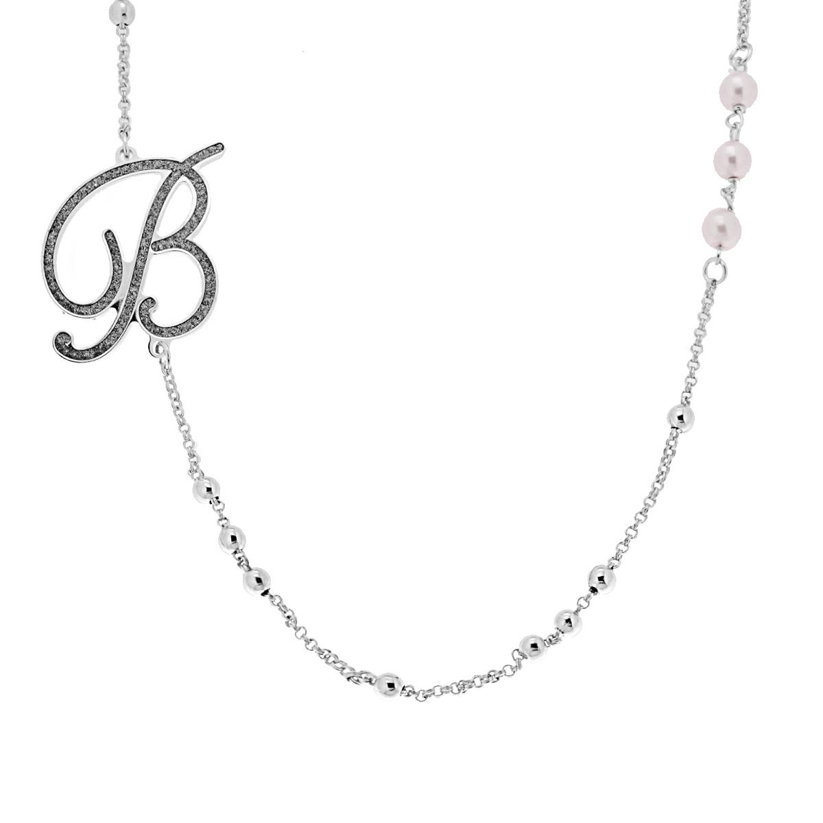 Collana Catena Rolo con Palline e Perle Bianche con Lettera Iniziale Nome Glitter Grigio ACCIAIO e BRONZO