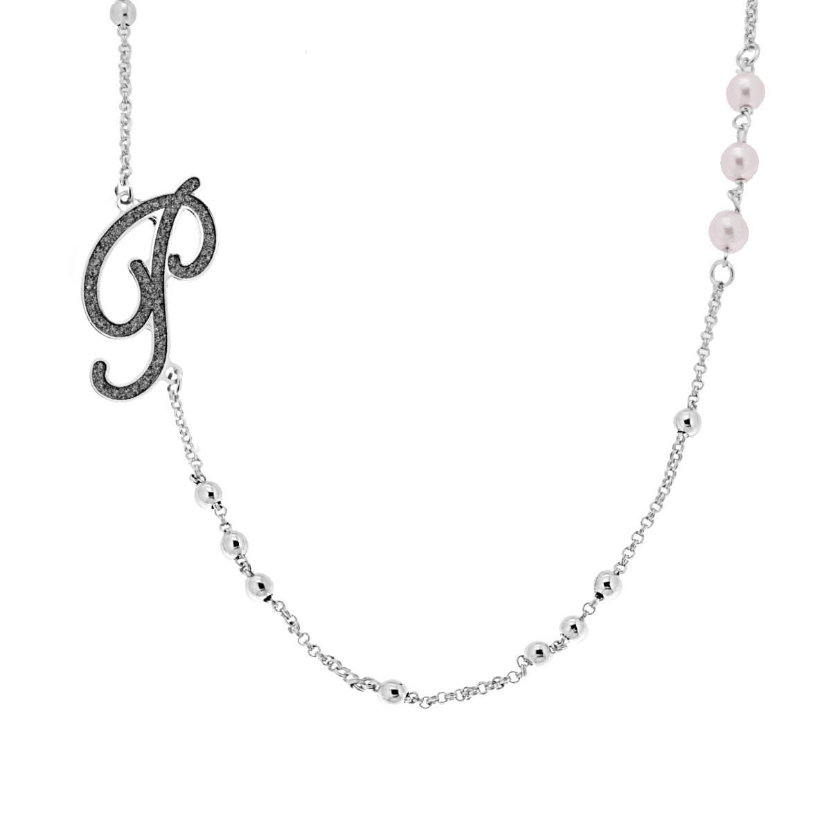 Collana Catena Rolo con Palline e Perle Bianche con Lettera Iniziale Nome Glitter Grigio ACCIAIO e BRONZO