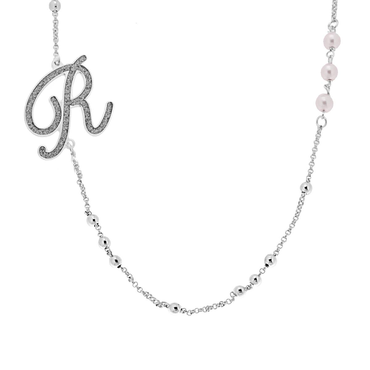 Collana Catena Rolo con Palline e Perle Bianche con Lettera Iniziale Nome Glitter Grigio ACCIAIO e BRONZO
