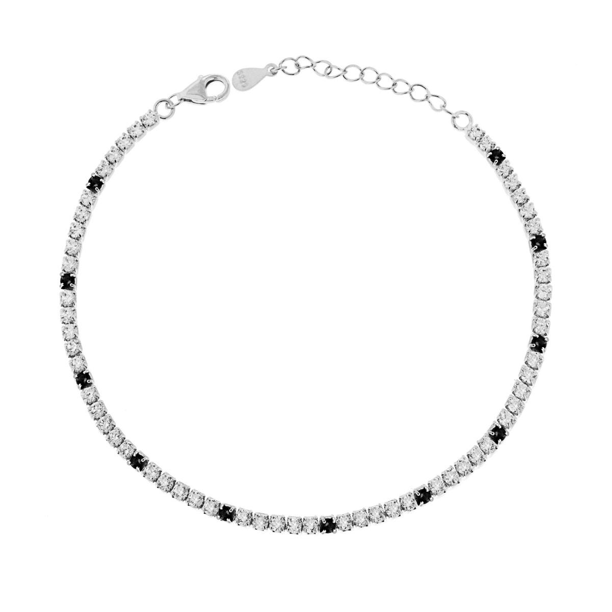 Bracciale Tennis Griffe cm 17+3 con Zirconi mm 2 Bianchi e Neri alternati in ARGENTO 925 Galvanica Rodio