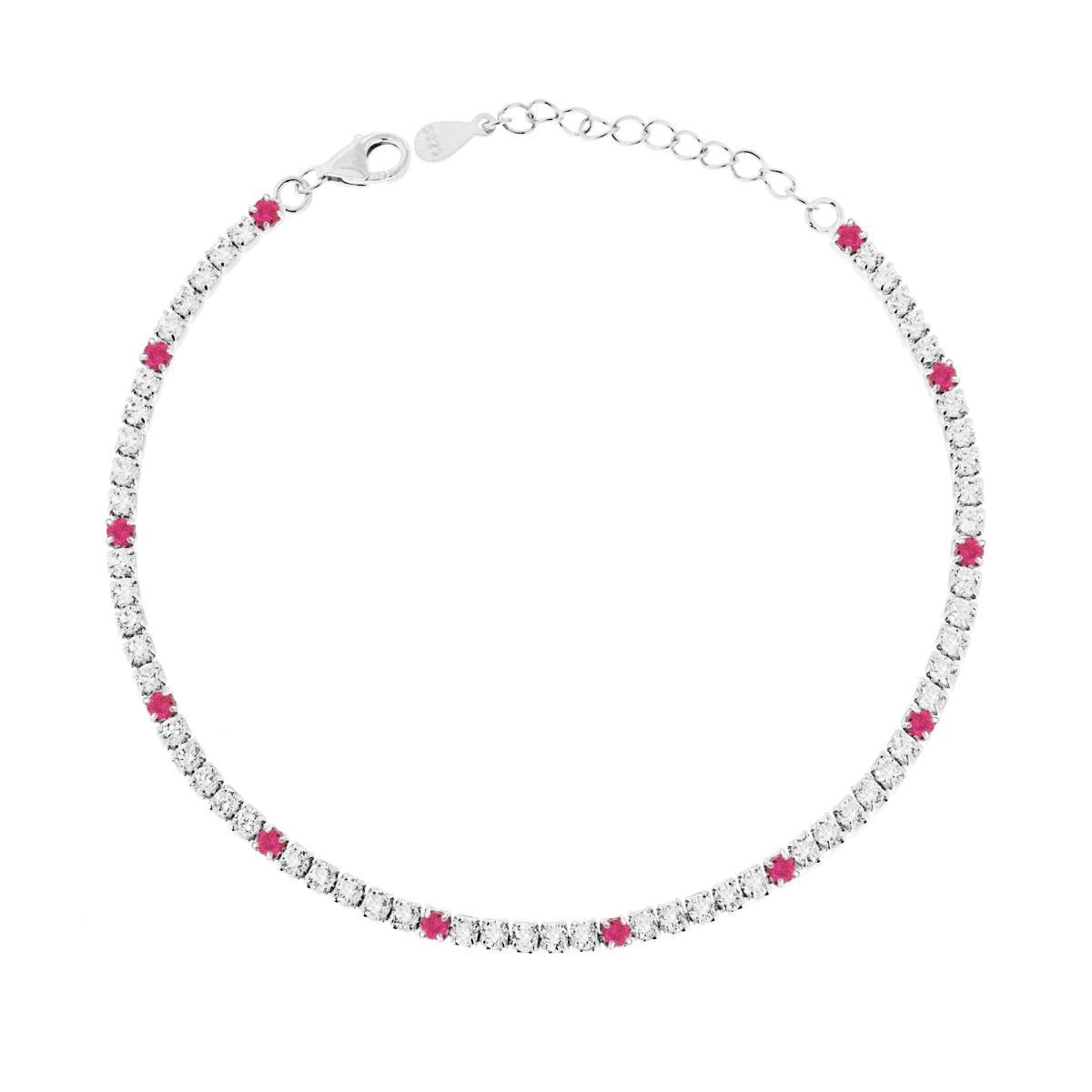 Bracciale Tennis Griffe cm 17+3 con Zirconi mm 2 Bianchi e Rosso Rubino alternati in ARGENTO 925 Galvanica Rodio