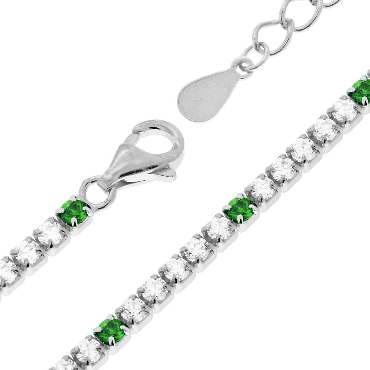 Bracciale Tennis Griffe cm 17+3 con Zirconi mm 2 Bianchi e Verde Smeraldo alternati in ARGENTO 925 Galvanica Rodio