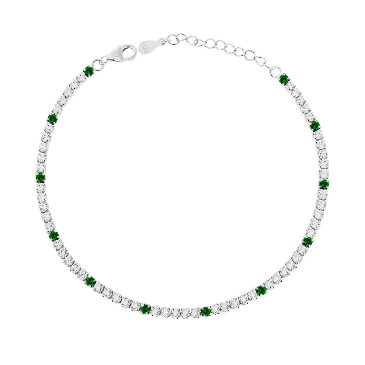 Bracciale Tennis Griffe cm 17+3 con Zirconi mm 2 Bianchi e Verde Smeraldo alternati in ARGENTO 925 Galvanica Rodio