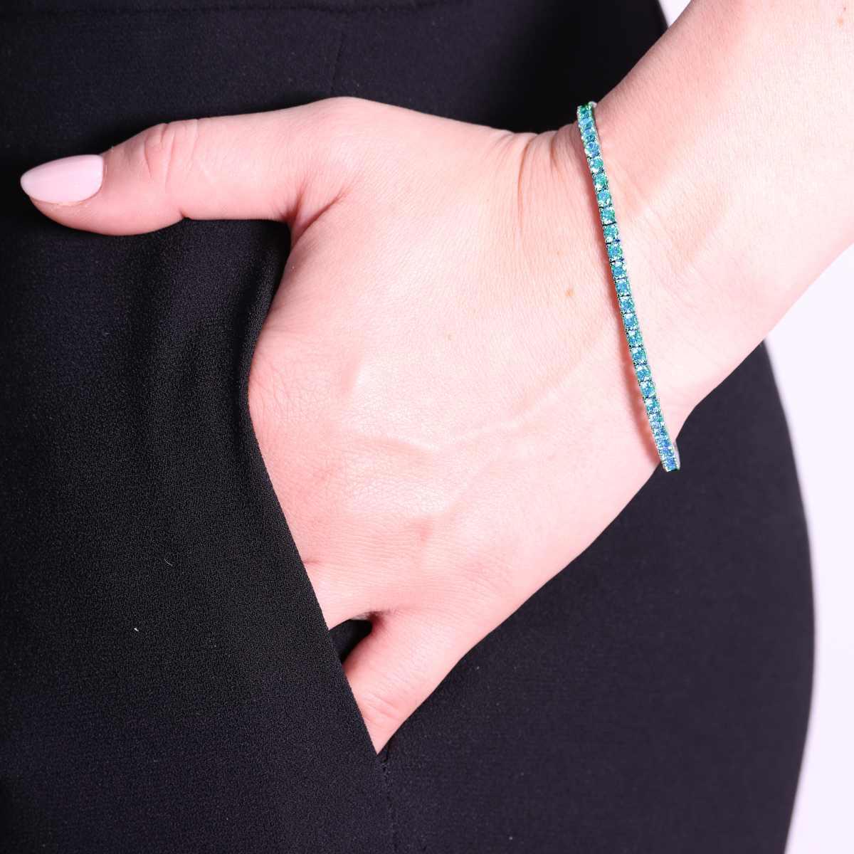 Bracciale Tennis Griffe cm 16,5 con Zirconi mm 3 Acquamarina in ARGENTO 925 Galvanica Rodio