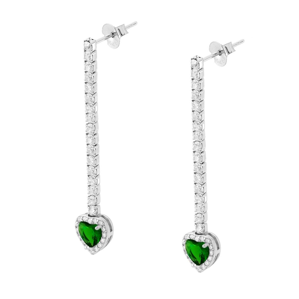 Orecchini Tennis Lunghi con Cuore pendente Verde Smeraldo contornato da Cubic Zirconia Bianchi in ARGENTO 925 Galvanica Rodio