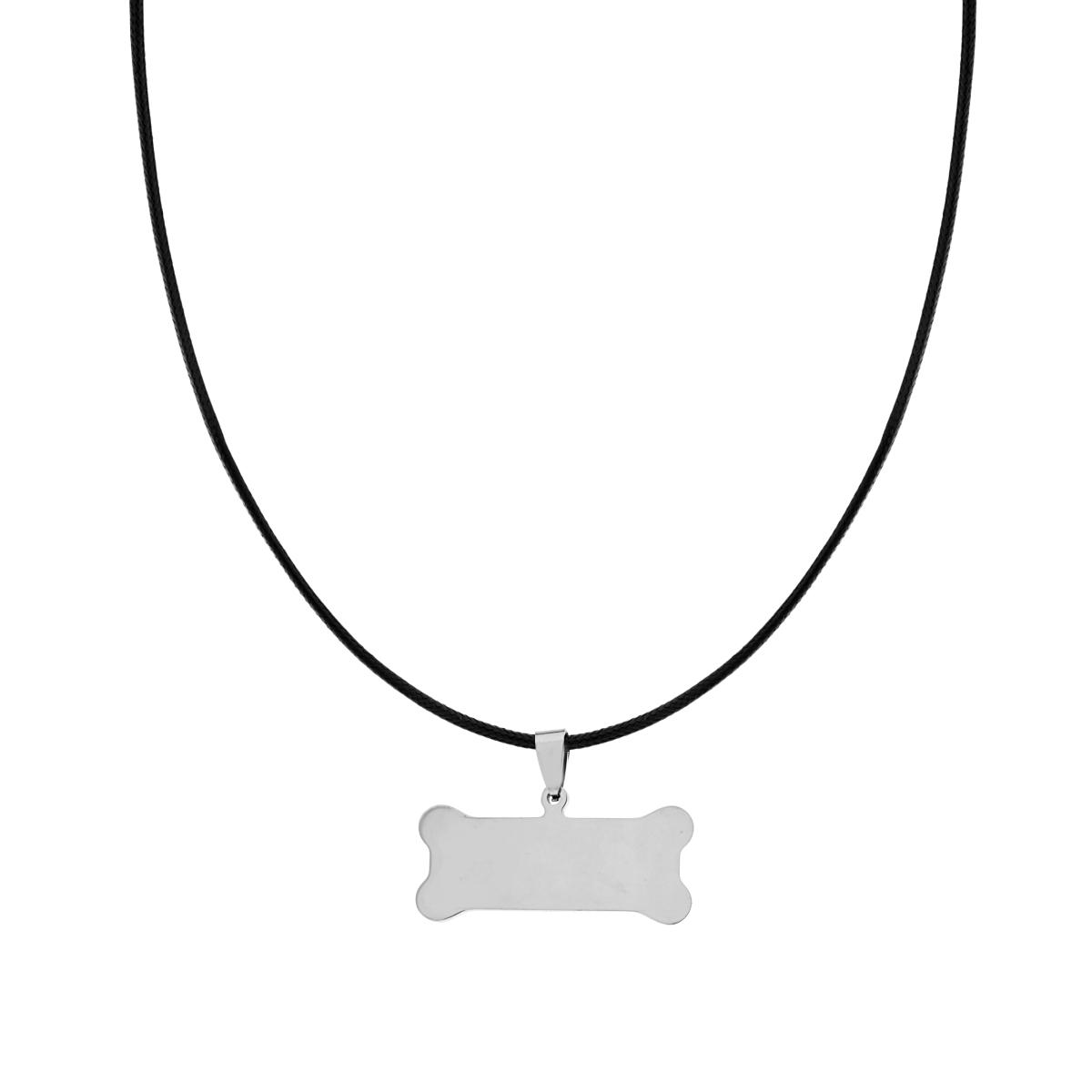 Collana filo Ecopelle Nero con Piastra Osso Cane pendente in ACCIAIO