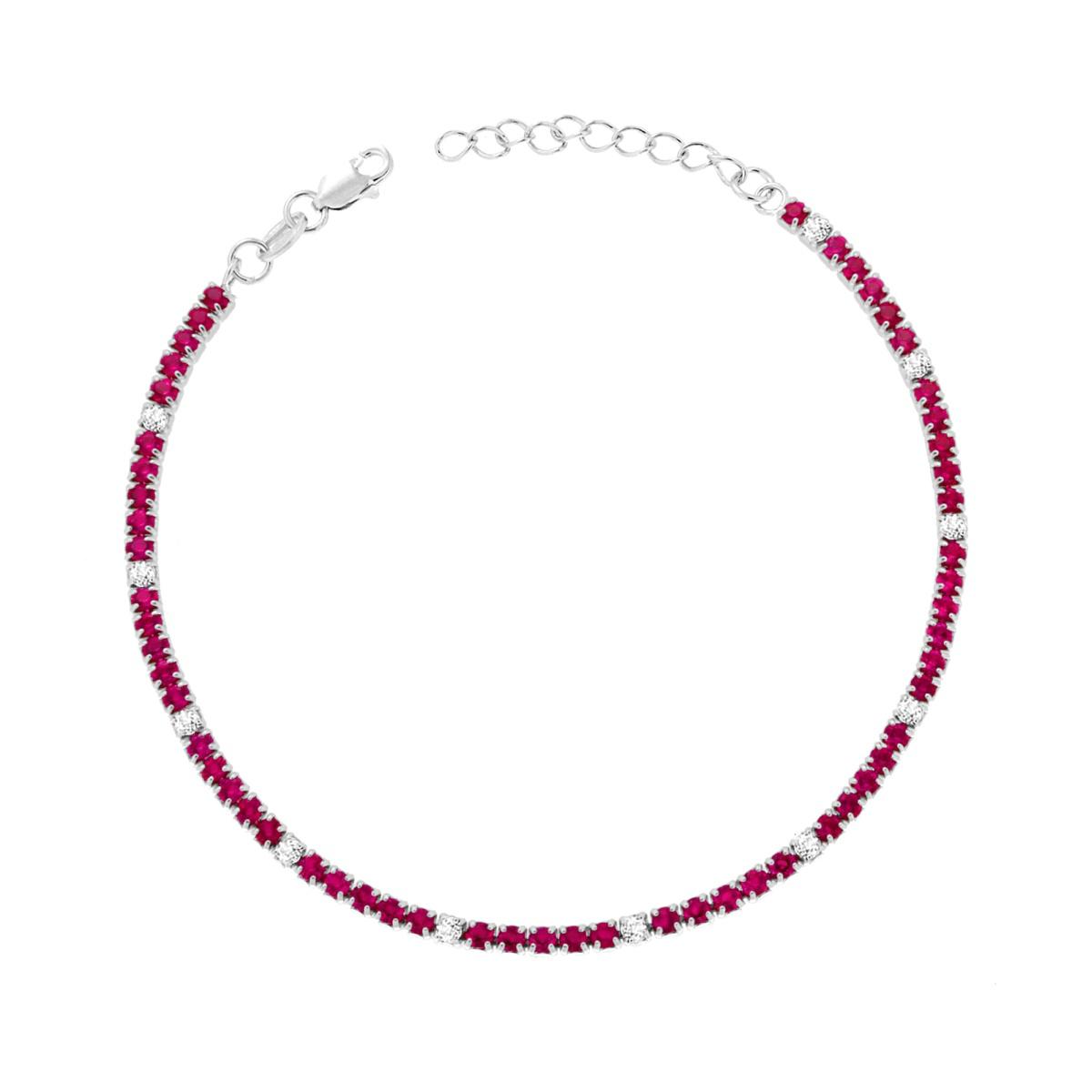 Bracciale Tennis Griffe cm 16+3 con Zirconi mm 1.7 alternati Bianchi e Rosso Rubino in ARGENTO 925 Galvanica Rodio