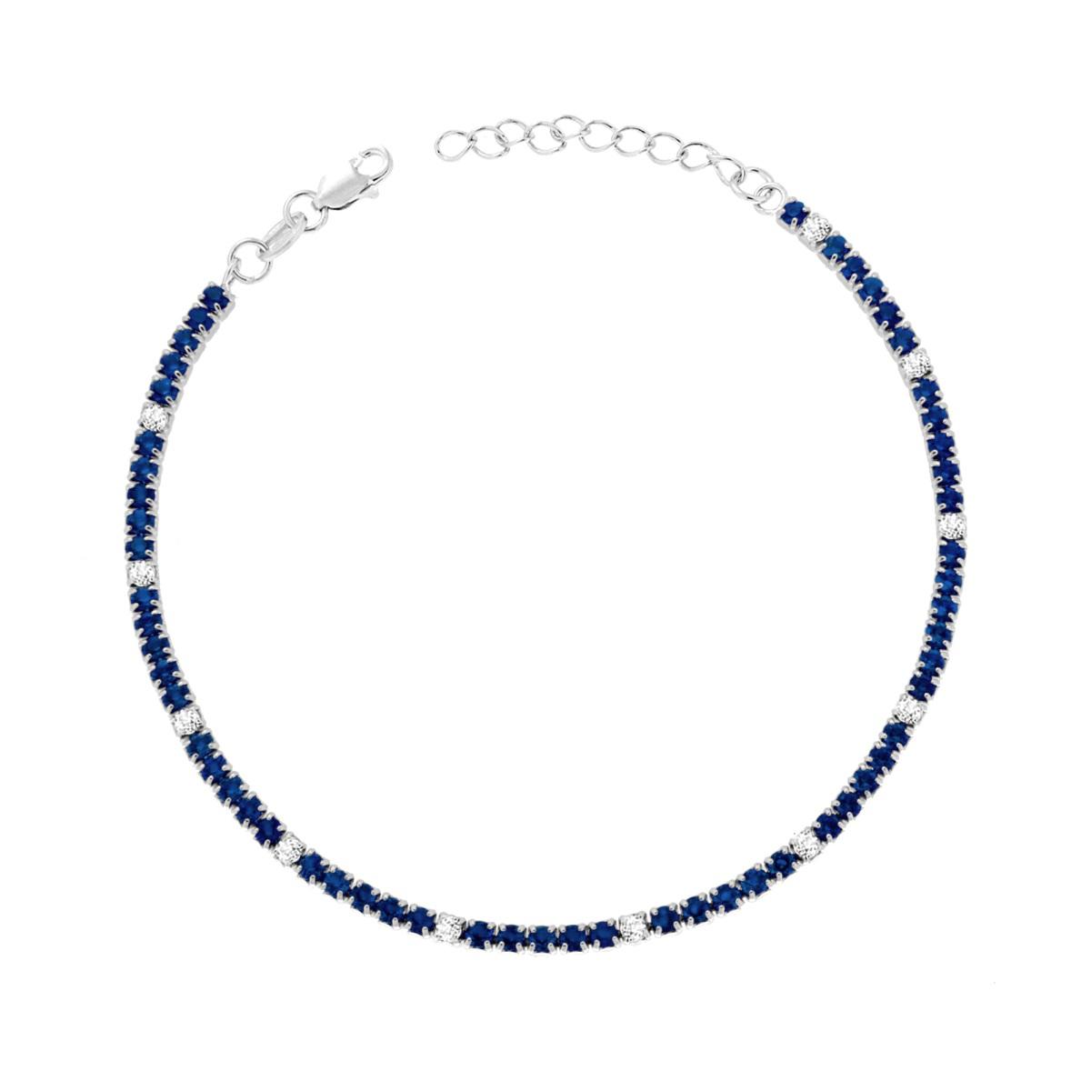 Bracciale Tennis Griffe cm 16+3 con Zirconi mm 1.7 alternati Bianchi e Blu Zaffiro in ARGENTO 925 Galvanica Rodio