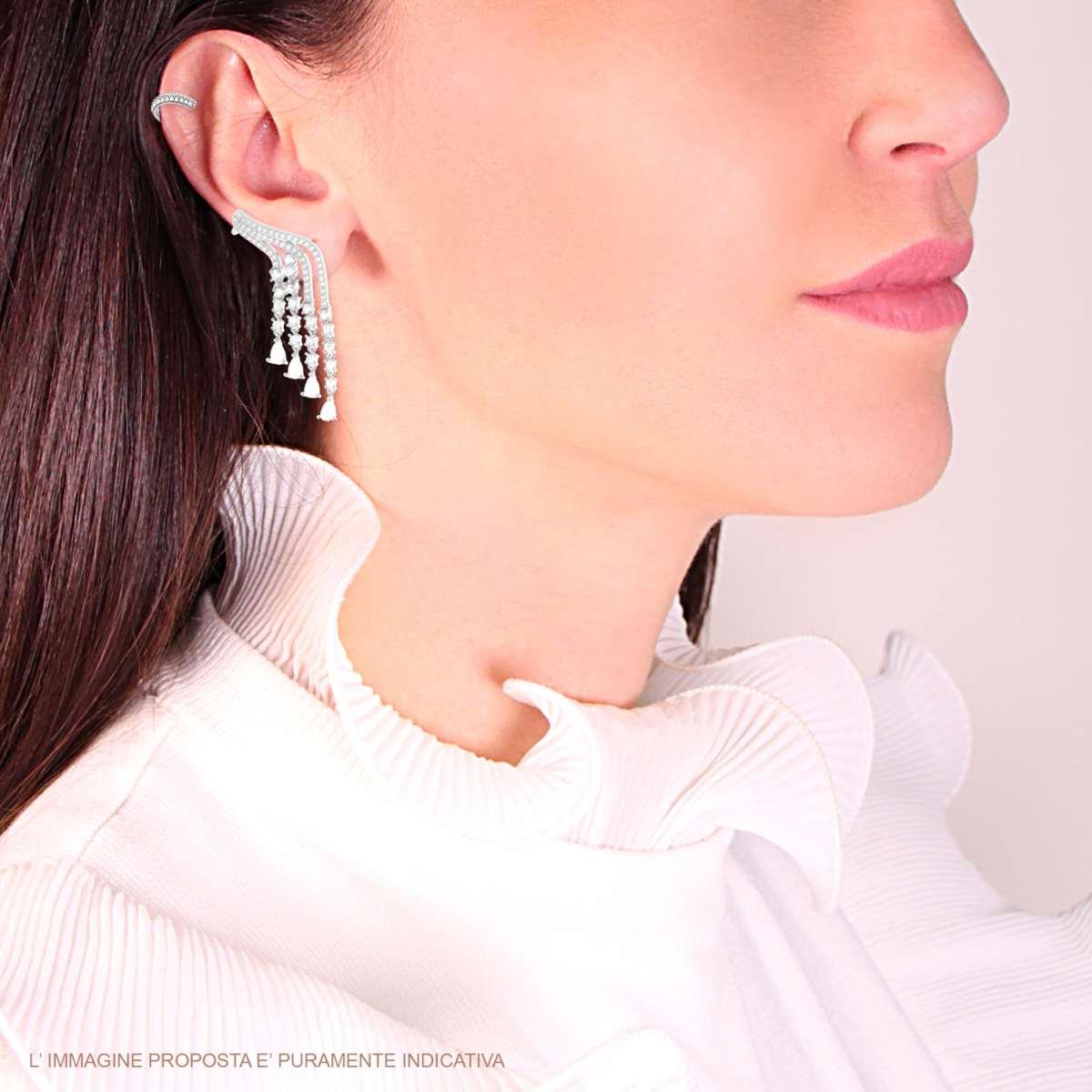 Orecchino Lungo Due Elementi Ear Cuff Destro Chandelier con Cubic Zirconia Bianchi in ARGENTO 925 Galvanica Rodio