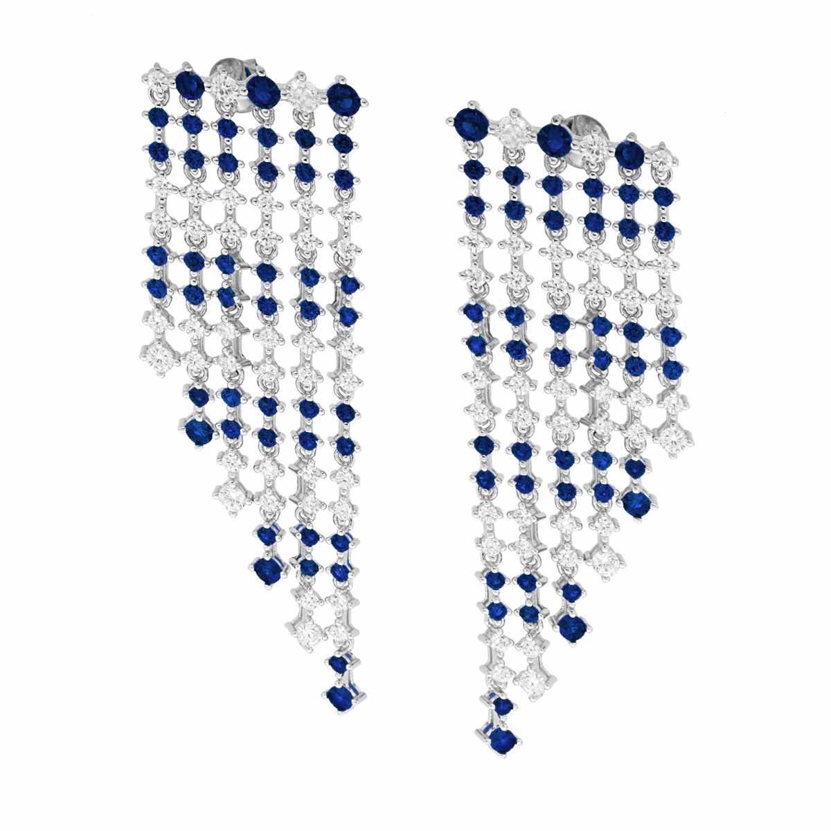 Orecchini Chandelier sei fili degrade Tennis con Cubic Zirconia Blu Zaffiro e Bianchi alternati in ARGENTO 925 Galvanica Rodio