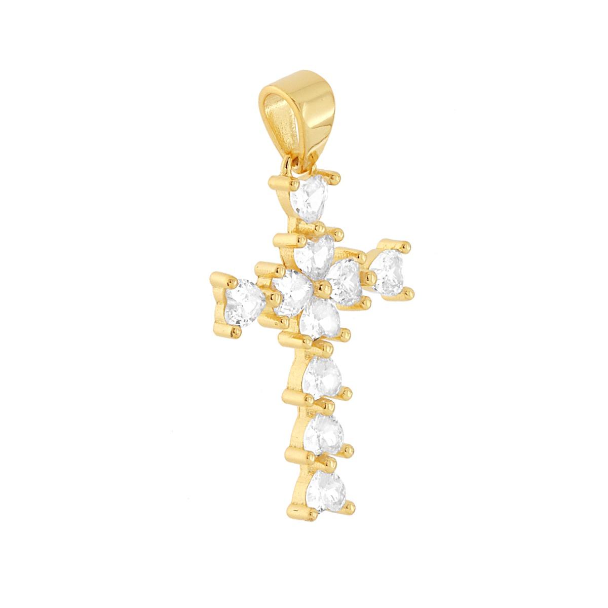 Ciondolo Croce con Cuori Cubic Zirconia Bianchi in ARGENTO 925 Galvanica Oro