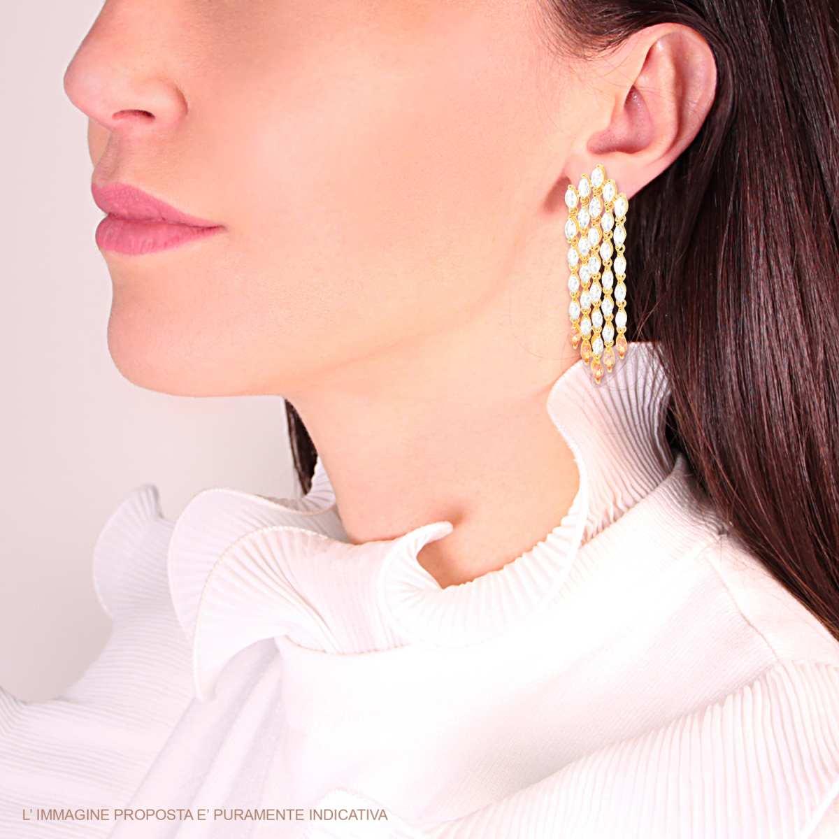 Orecchino Lungo Chandelier cinque fili Tennis con Cubic Zirconia Bianchi e Rosa Cipria Marquise in ARGENTO 925 Galvanica Oro