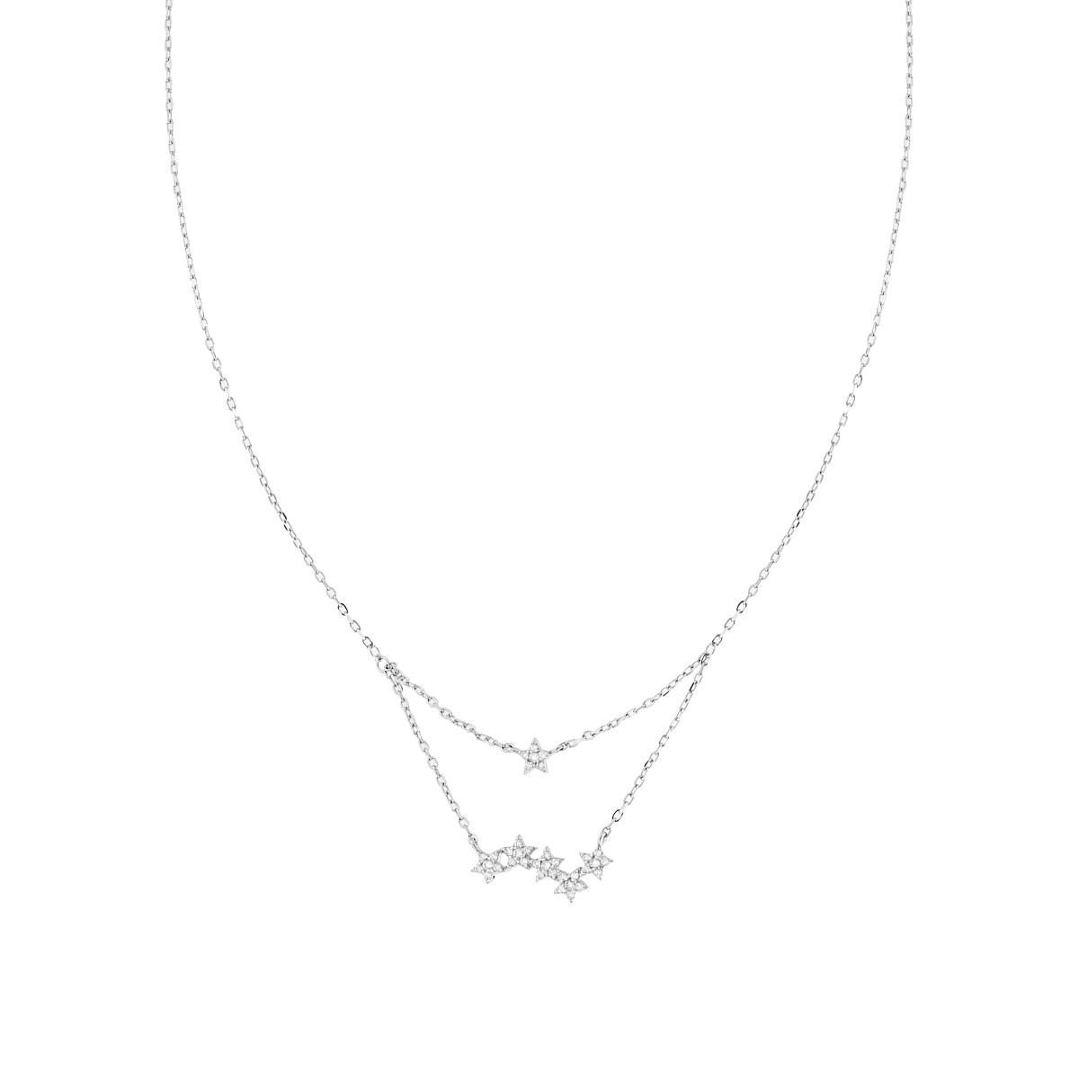 Collana Catena Forzatina Diamantata Sdoppiata con Stelle e Cubic Zirconia Bianchi in ARGENTO 925 Galvanica Rodio