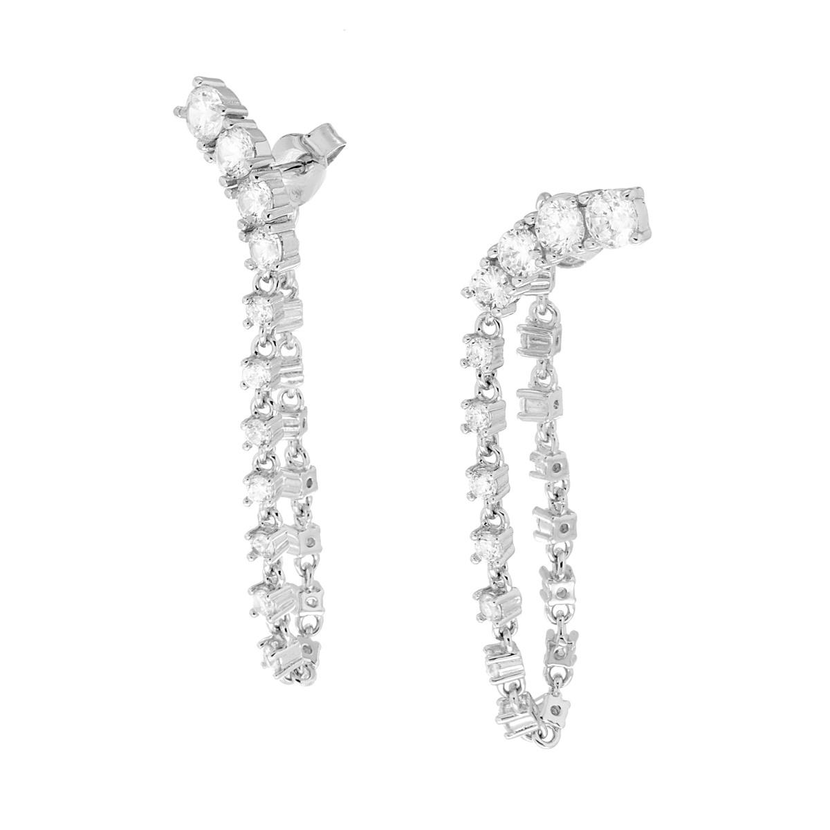 Orecchini Catena Tennis con Cubic Zirconia Bianchi in ARGENTO 925 Galvanica Rodio