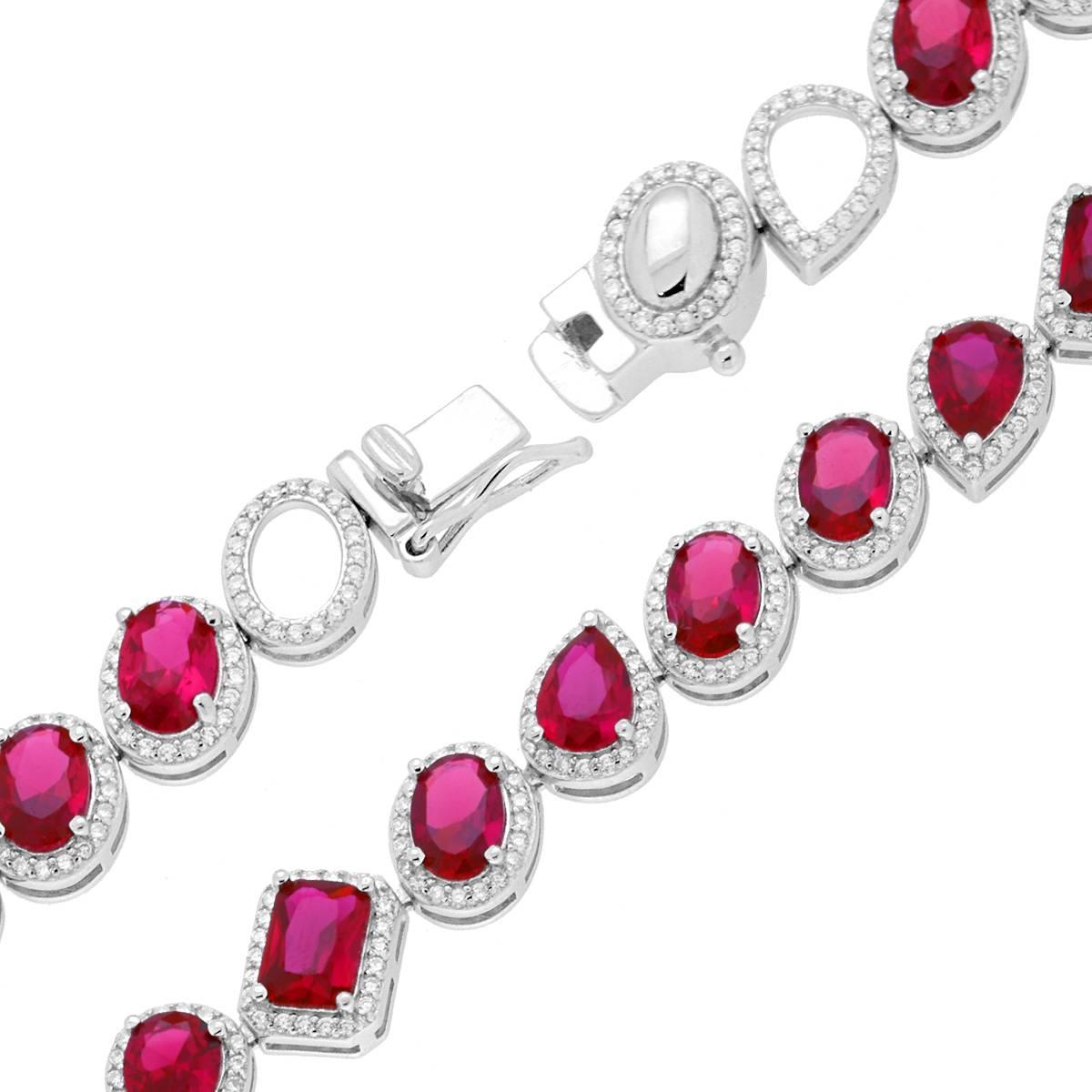 Bracciale Tennis Griffe cm 18 con Gocce Ovali e Rettangoli Rosso Rubino contornati con Cubic Zirconia Bianchi in ARGENTO 925 Galvanica Rodio