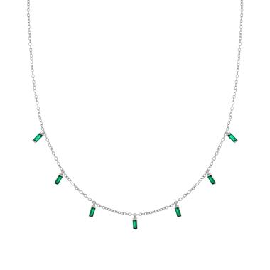 Collana Catena Forzatina Diamantata con Cubic Zirconia Baguette Verde Smeraldo pendenti in ARGENTO 925 Galvanica Rodio