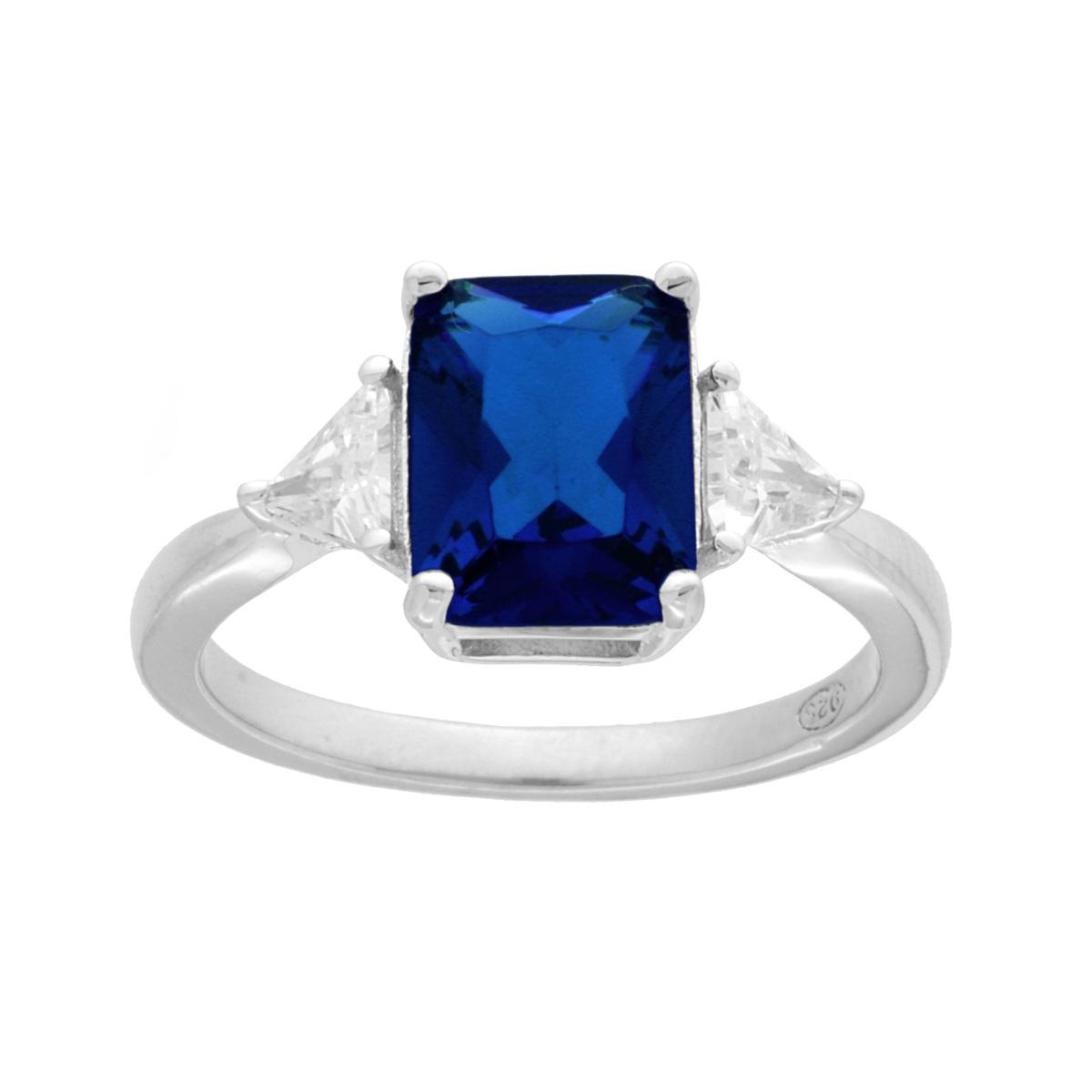 Anello Trilogy Rettangolo Blu Zaffiro con laterali Cubic Zirconia Bianchi in ARGENTO 925 Galvanica Rodio
