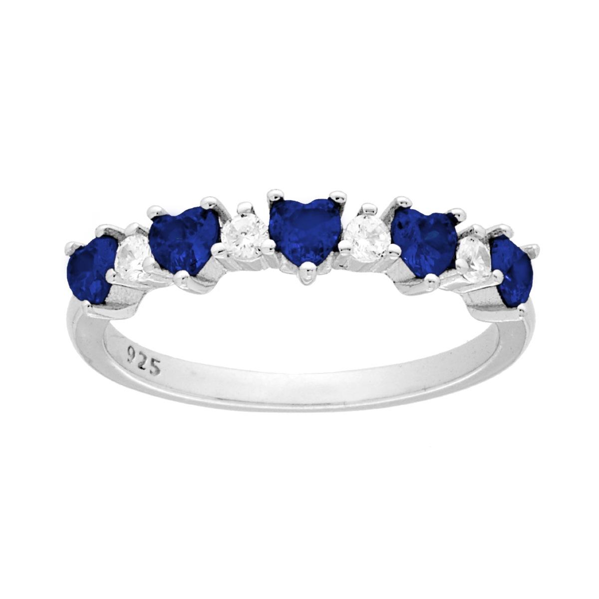 Anello Veretta Cuori Cubic Zirconia Blu Zaffiro alternati a Tondi Bianchi in ARGENTO 925 Galvanica Rodio