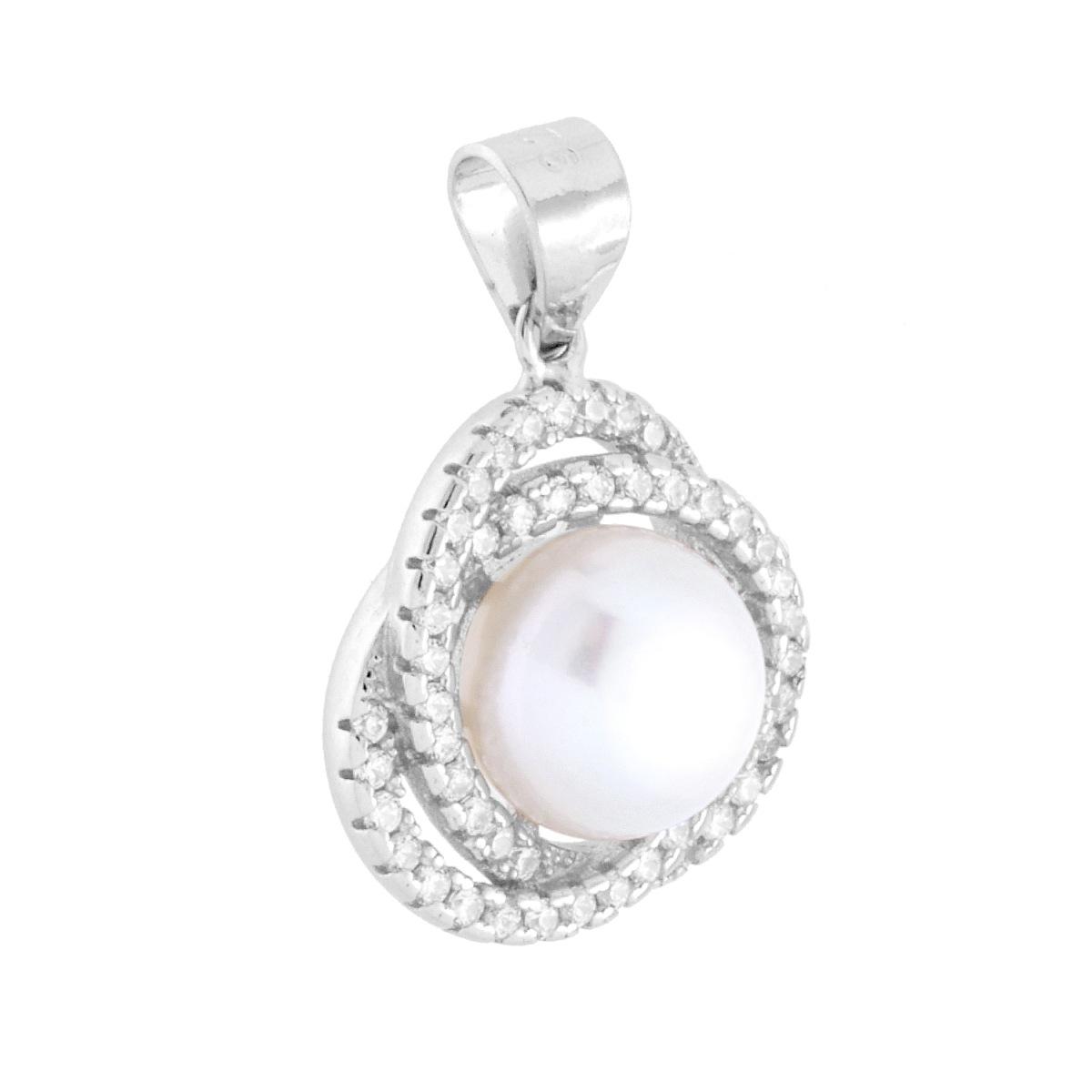 Ciondolo con Perla di Fiume e Vortice di Cubic Zirconia Bianchi in ARGENTO 925 Galvanica Rodio