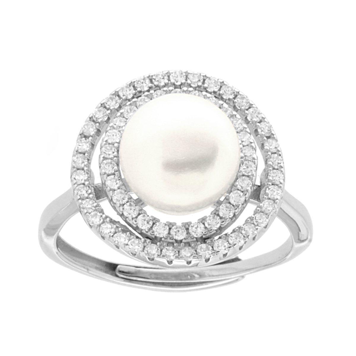 Anello Perla di Fiume con Cubic Zirconia Bianchi in ARGENTO 925 Galvanica Rodio