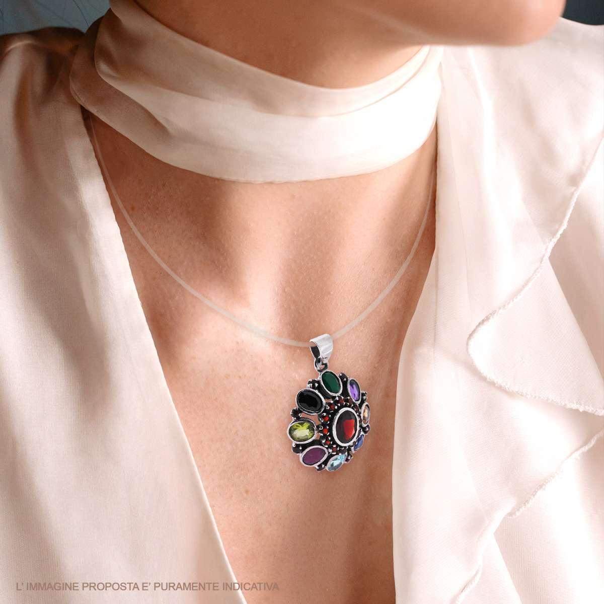 Ciondolo Etnico Fiore Ovale con Pietre Naturali Multicolor in ARGENTO 925