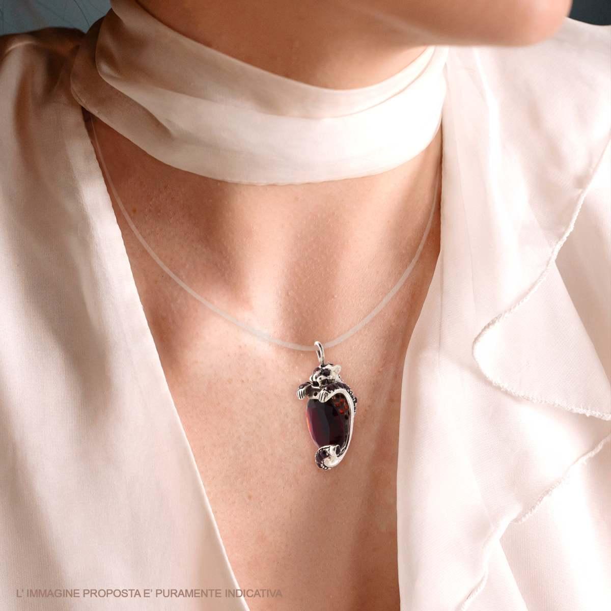 Ciondolo Etnico Tigre con Pietre Naturali Ovale Granato in ARGENTO 925