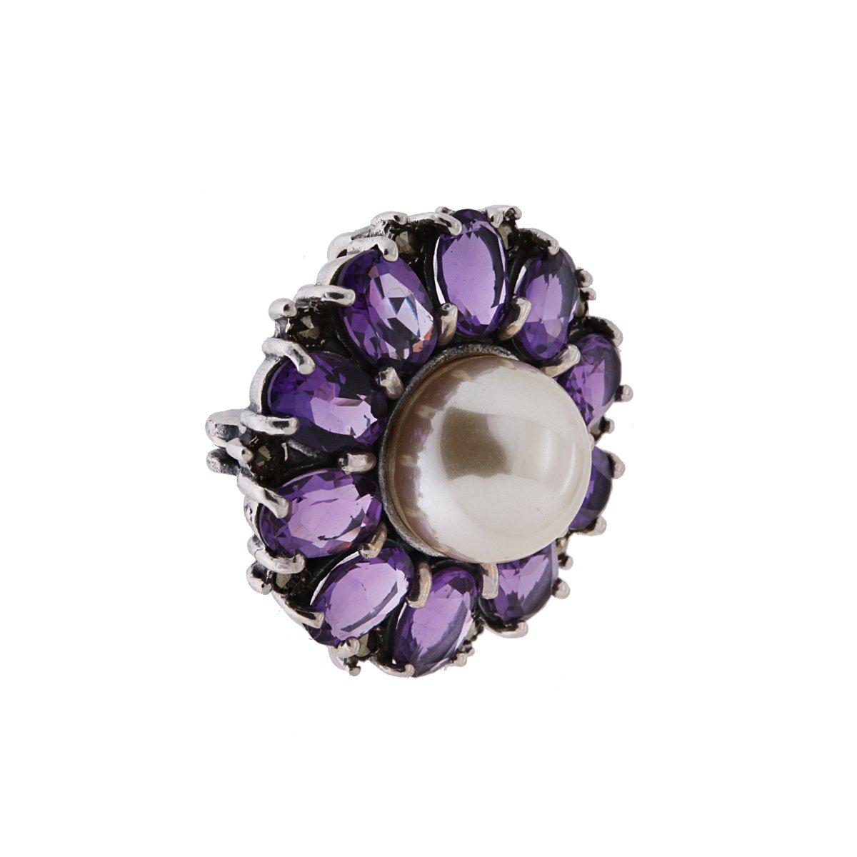 Ciondolo Spilla Etnico Fiore Pietre Ametista e Perla in ARGENTO 925