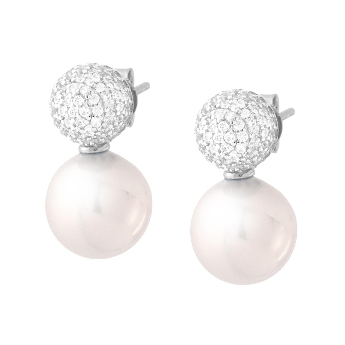 Orecchini Perla con Semisfera con Cubic Zirconia Bianchi in ARGENTO 925 Galvanica Rodio