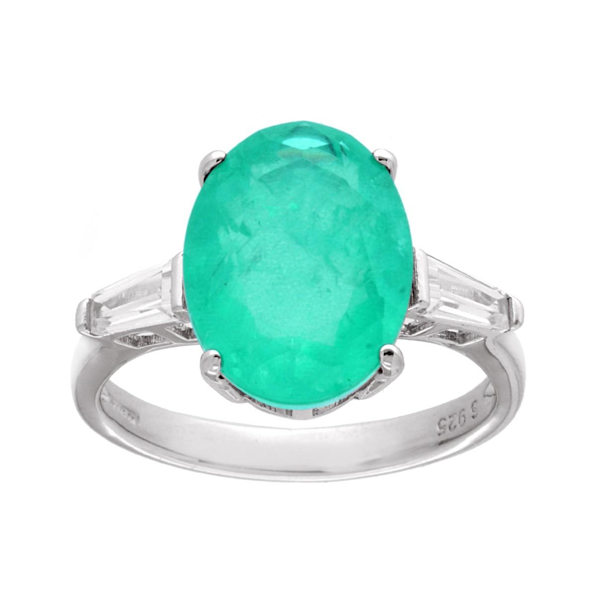 Anello Solitario Pietra Naturale Tormalina Paraiba e Cubic Zirconia Bianchi Trapezio in ARGENTO 925 Galvanica Rodio