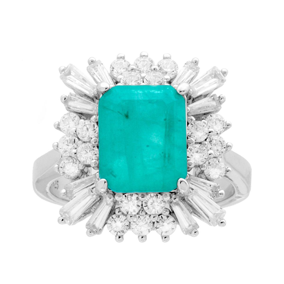 Anello Rettangolare Pietra Naturale Tormalina Paraiba e Cubic Zirconia Bianchi Trapezio in ARGENTO 925 Galvanica Rodio