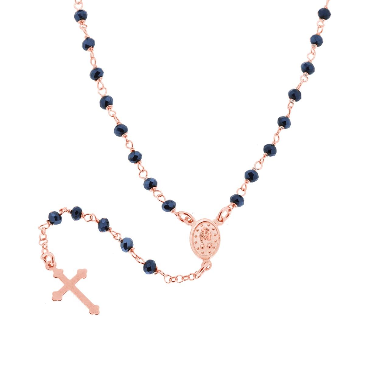 Collana Rosario cm 50 con Grani in Crystal colore Blu Avion mm 3.5 in ARGENTO 925 Galvanica Rosa
