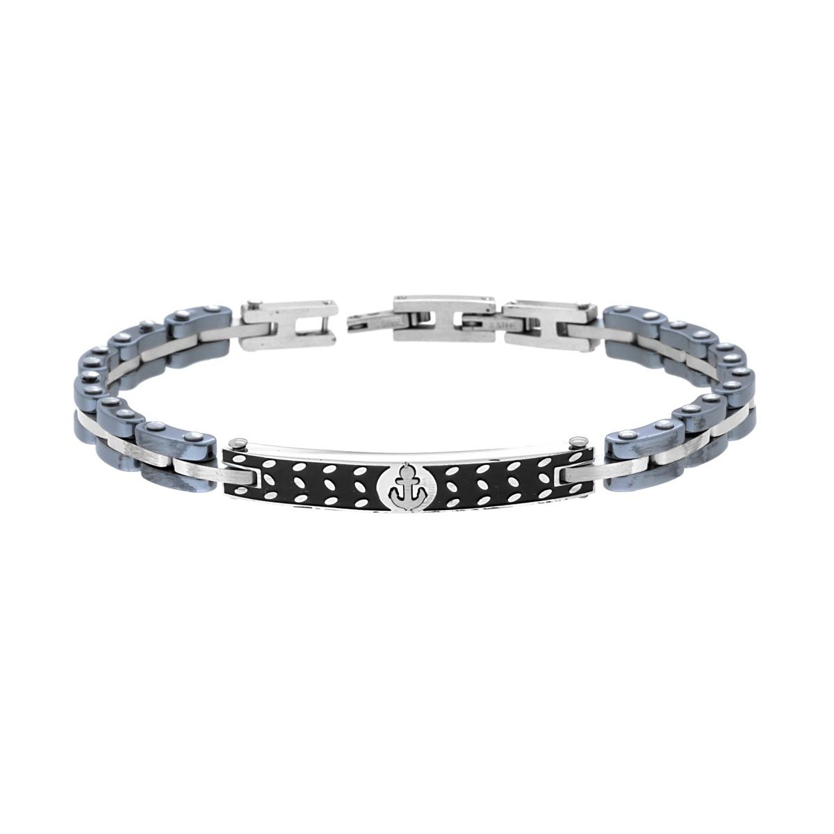 Bracciale Uomo Maglia Imperniata in Ceramica Antracite con Targa Smalto Nero e Ancora in ACCIAIO