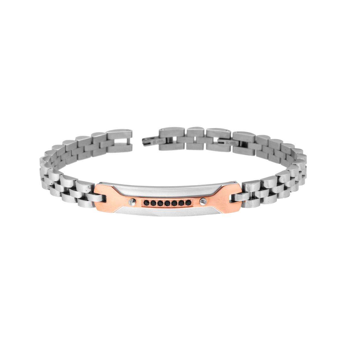 Bracciale Uomo Maglia Imperniata con Targa Rosa e Crystal Neri in ACCIAIO