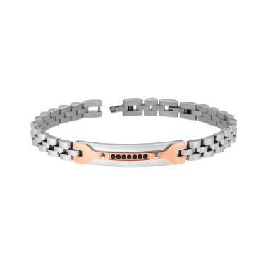 Bracciale Uomo Maglia Imperniata con Targa Rosa e Crystal Neri in ACCIAIO