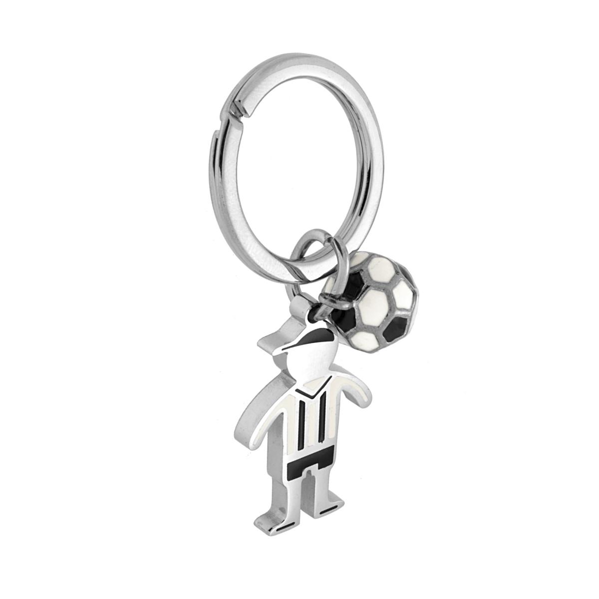 Portachiavi ad Anello con Omino e Pallone Calcio con Smalto Bianco e Nero in ACCIAIO