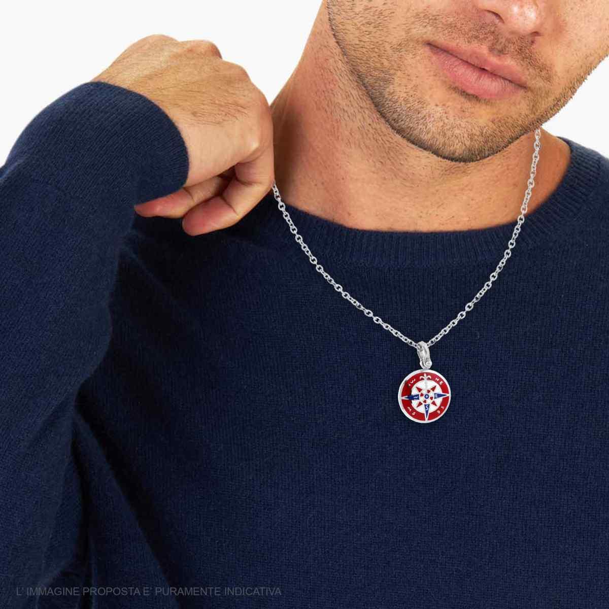 Collana Catena Forzatina Diamantata con Tondo Smalto Multicolor e Rosa dei Venti in ACCIAIO