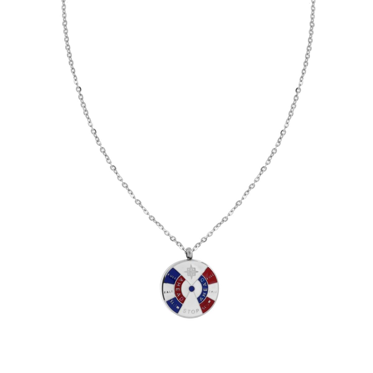 Collana Catena Forzatina Diamantata con Tondo Smalto Multicolor e Timone in ACCIAIO