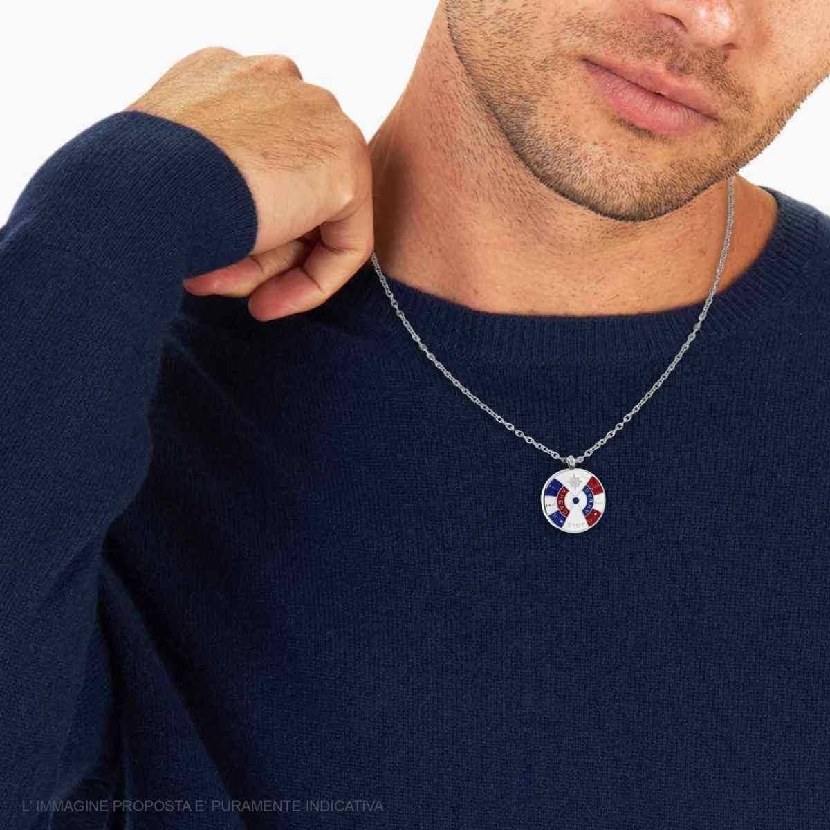 Collana Catena Forzatina Diamantata con Tondo Smalto Multicolor e Timone in ACCIAIO