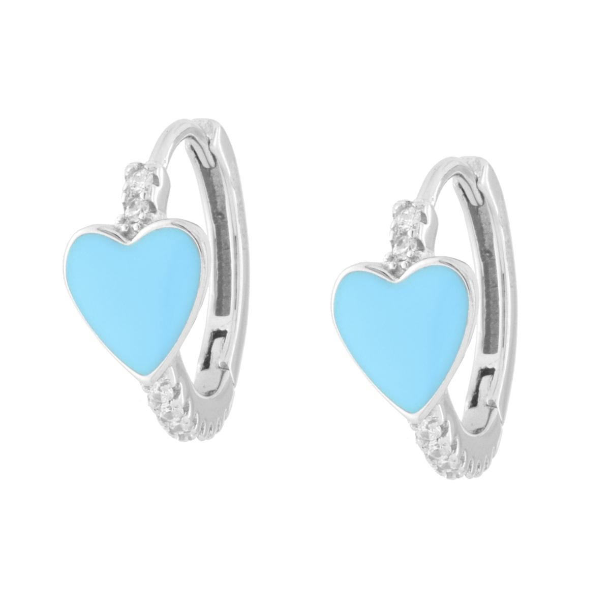 Orecchini Cerchio a Scattino mm 15 con Cuore smalto Azzurro e Cubic Zirconia Bianchi in ARGENTO 925 Galvanica Rodio