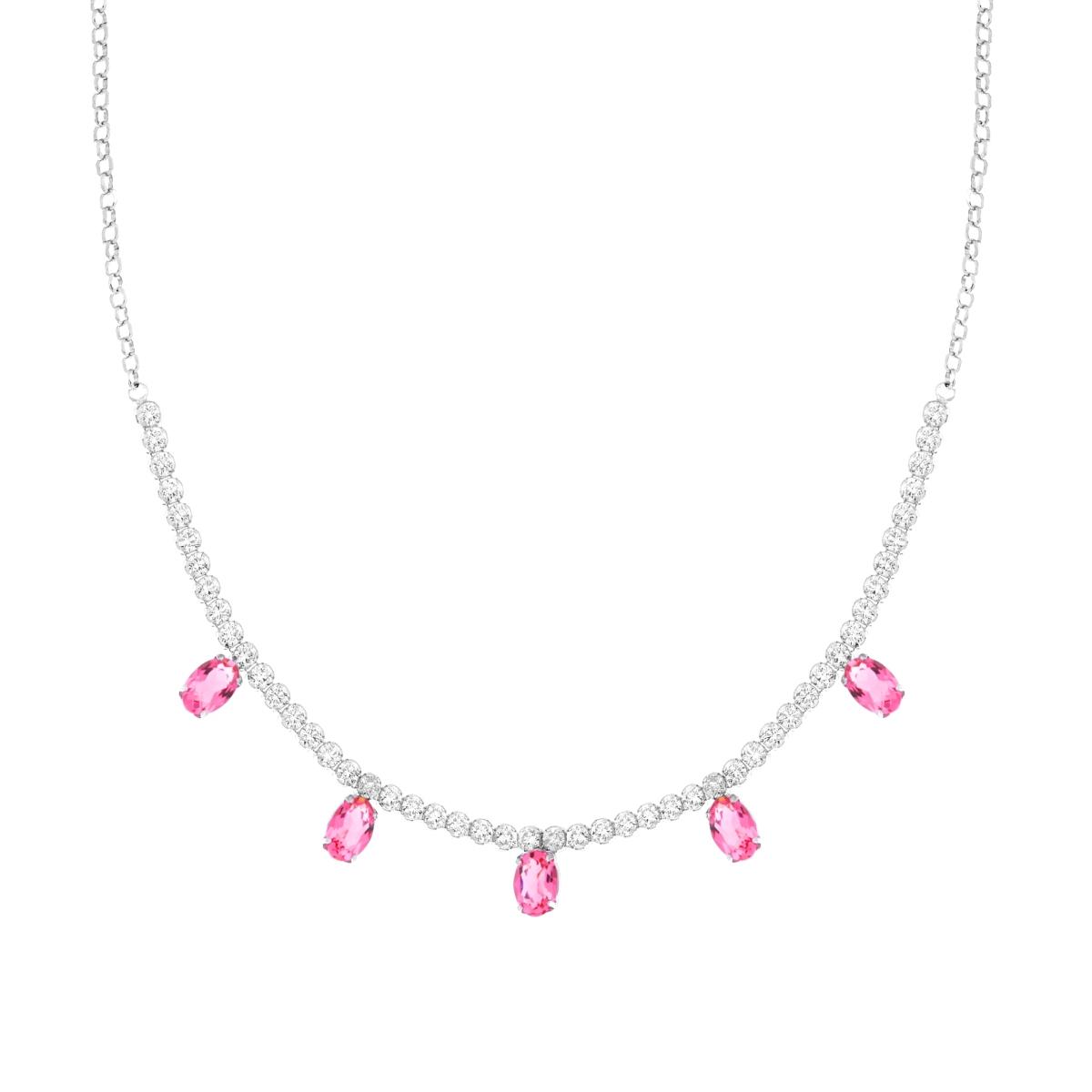 Collana Catena Rolo Diamantata con Centrale Tennis Cubic Zirconia e Ovali Rosa Pendenti in ARGENTO 925 Galvanica Rodio