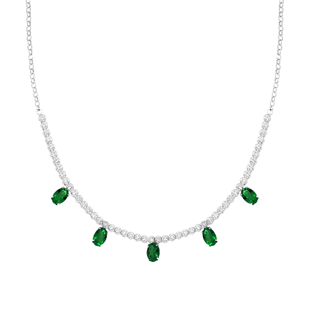 Collana Catena Rolo Diamantata con Centrale Tennis Cubic Zirconia e Ovali Verde Smeraldo Pendenti in ARGENTO 925 Galvanica Rodio