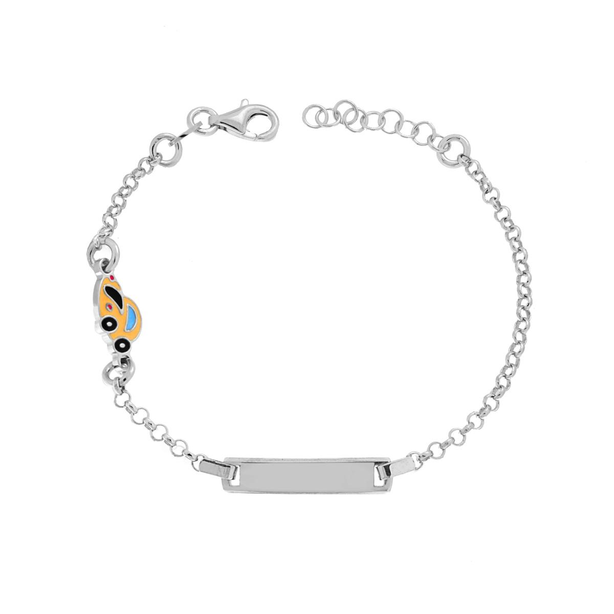 Bracciale Catena Rolo Diamantata Bimbo Bimba con Targa Rettangolare e Auto Maggiolino smalto Giallo in ARGENTO 925 Galvanica Rodio