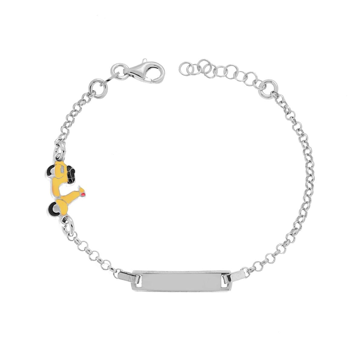 Bracciale Bimbo Bimba Catena Rolo Diamantata con Targa Rettangolare e Scooter Vespa smalto Giallo in ARGENTO 925 Galvanica Rodio