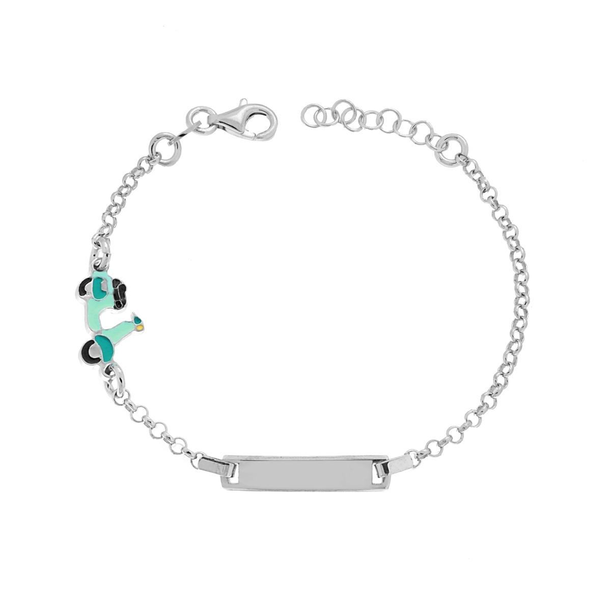 Bracciale Bimbo Bimba Catena Rolo Diamantata con Targa Rettangolare e Scooter Vespa smalto Verde in ARGENTO 925 Galvanica Rodio