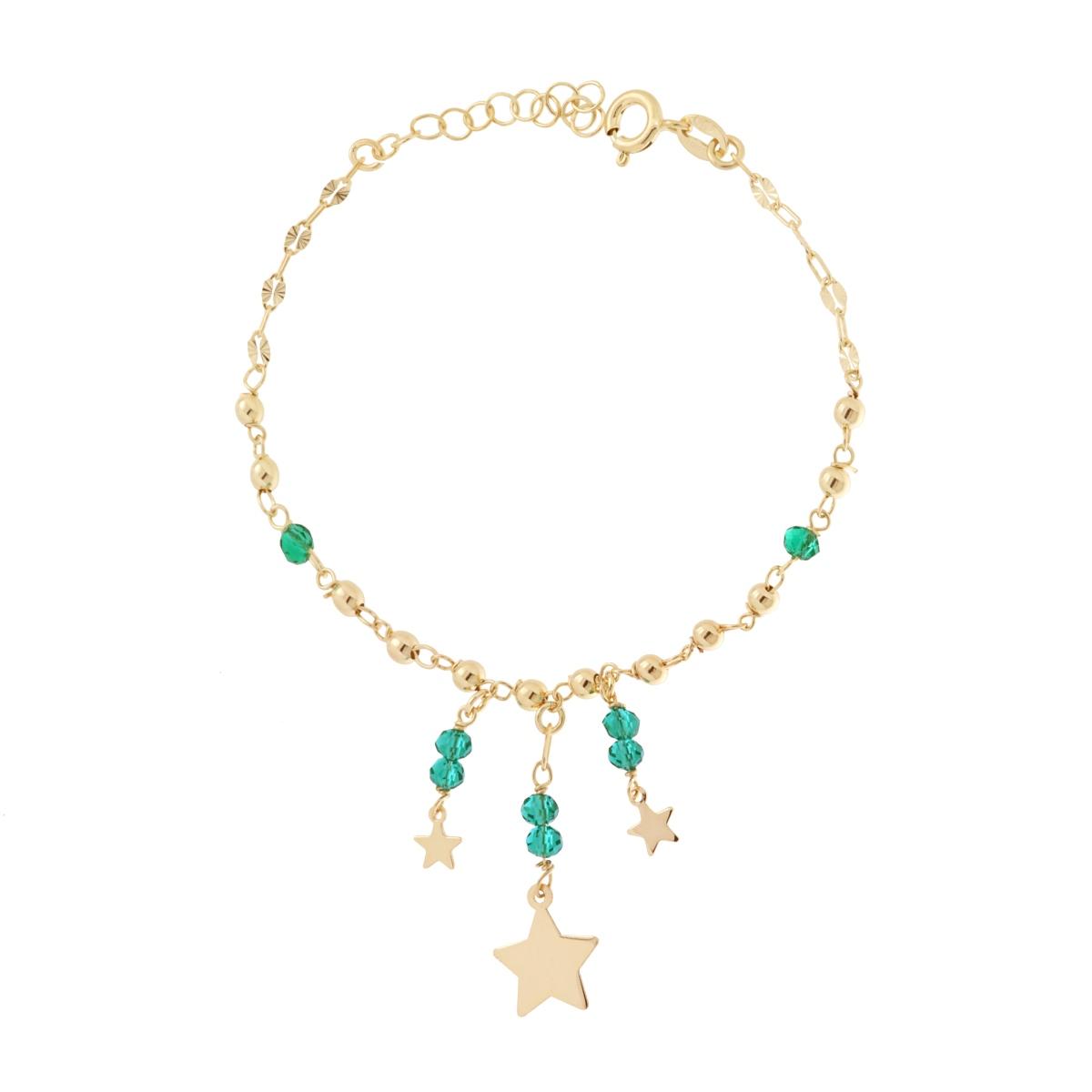 Bracciale Catena Forzatina Diamantata con Crystal Verde e Stelle plain pendenti in ARGENTO 925 Galvanica Oro