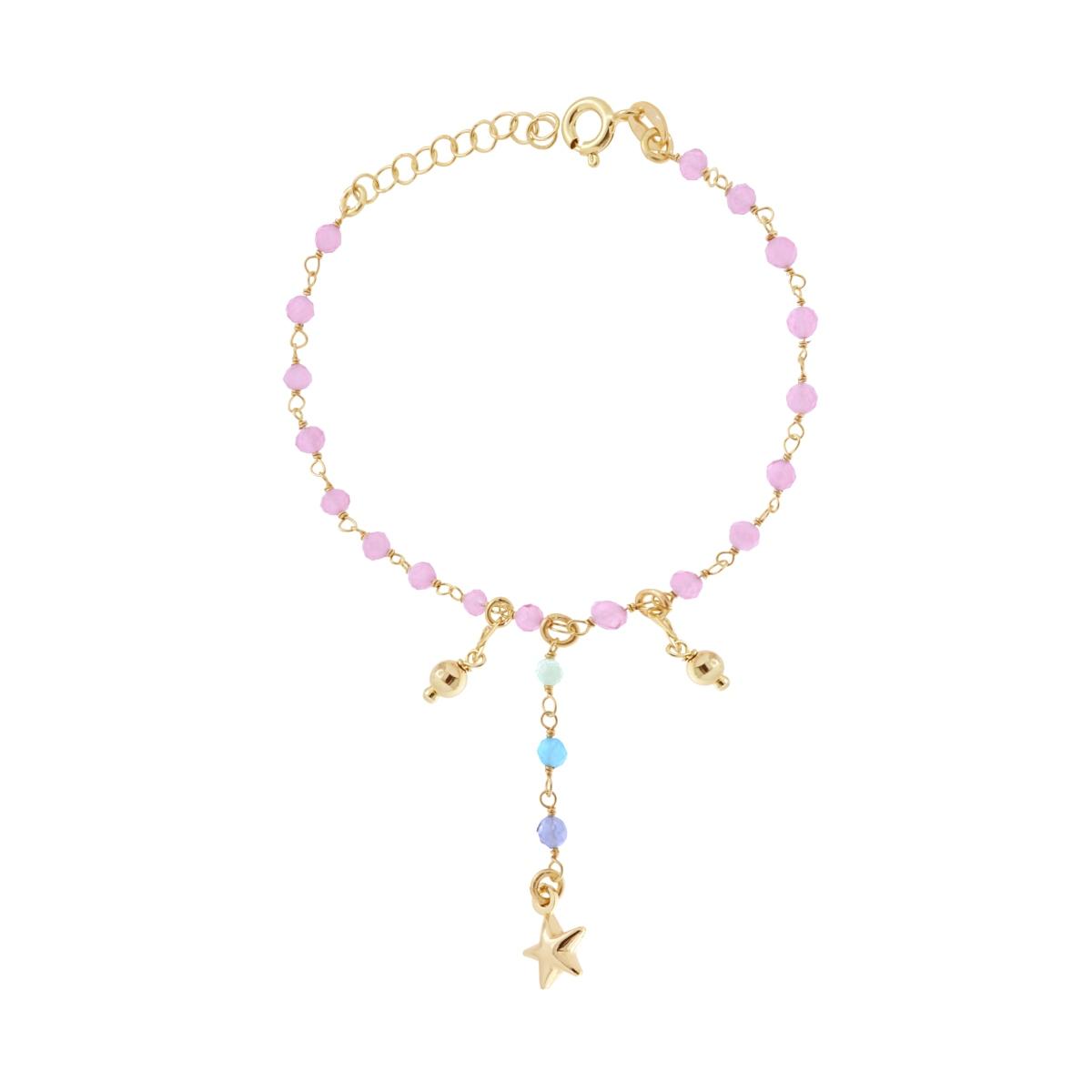 Bracciale Catena con Crystal Rosa e Stella Bombata Palline pendenti in ARGENTO 925 Galvanica Oro